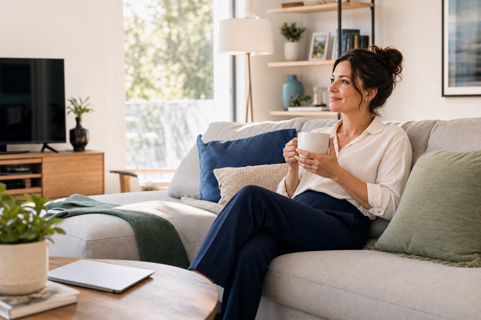 Busy professional relaxing in a freshly cleaned living room after work