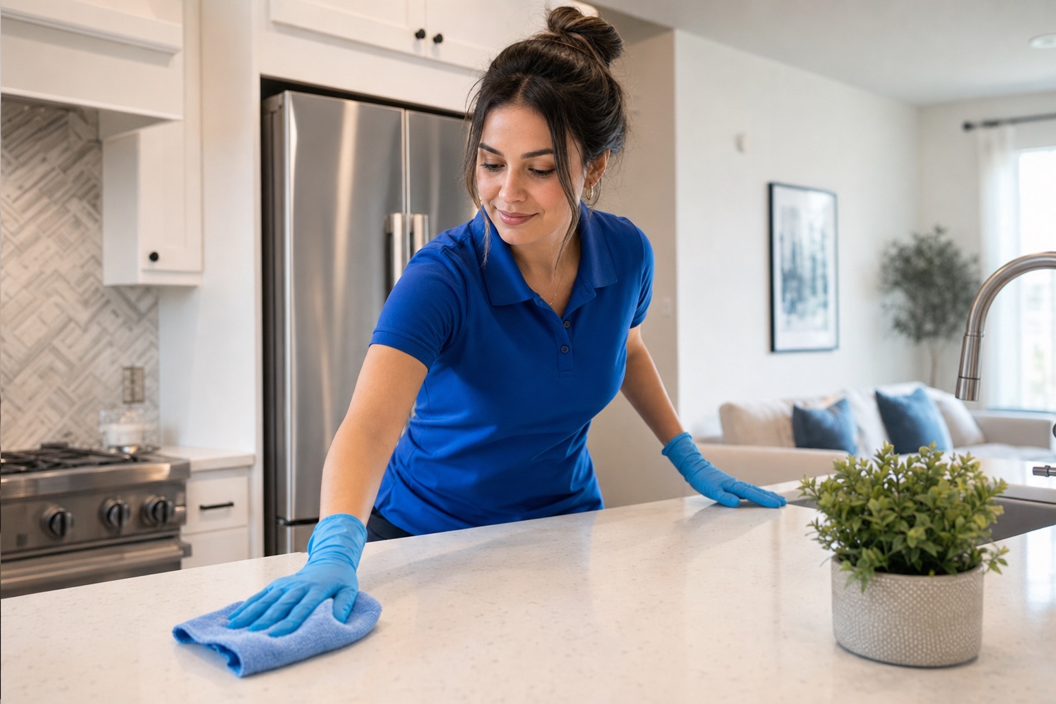 Professional house cleaner wiping a kitchen counter during a recurring cleaning visit